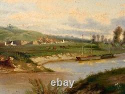 Lakeside Landscape - Landscape with Boat and Plowmen - 19th Century Oil on Cardboard