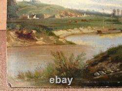 Lakeside Landscape - Landscape with Boat and Plowmen - 19th Century Oil on Cardboard