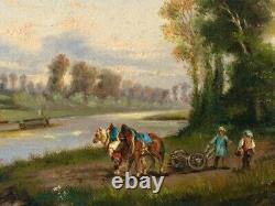 Lakeside Landscape - Landscape with Boat and Plowmen - 19th Century Oil on Cardboard