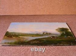 Lakeside Landscape - Landscape with Boat and Plowmen - 19th Century Oil on Cardboard