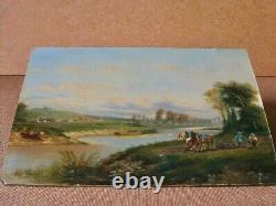 Lakeside Landscape - Landscape with Boat and Plowmen - 19th Century Oil on Cardboard