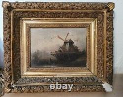 Lamois Late XIX Beginning XX Table Oil Wood Painting MILL Marsh 22x16 CM