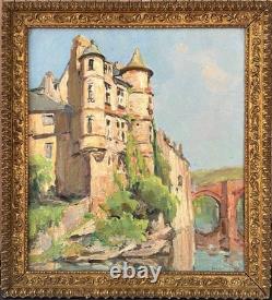 Landscape Castle Lake French Original Antique 1900s Oil Painting Signed Framed