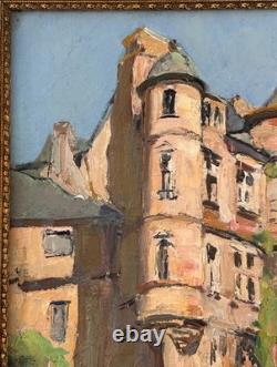 Landscape Castle Lake French Original Antique 1900s Oil Painting Signed Framed