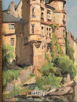 Landscape Castle Lake French Original Antique 1900s Oil Painting Signed Framed