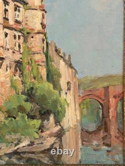 Landscape Castle Lake French Original Antique 1900s Oil Painting Signed Framed