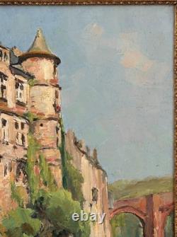 Landscape Castle Lake French Original Antique 1900s Oil Painting Signed Framed