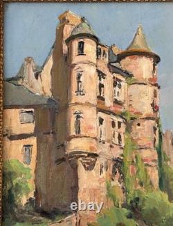 Landscape Castle Lake French Original Antique 1900s Oil Painting Signed Framed