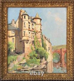 Landscape Castle Lake French Original Antique 1900s Oil Painting Signed Framed