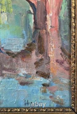 Landscape Castle Lake French Original Antique 1900s Oil Painting Signed Framed
