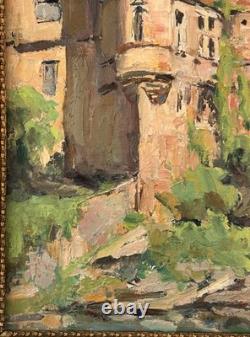 Landscape Castle Lake French Original Antique 1900s Oil Painting Signed Framed