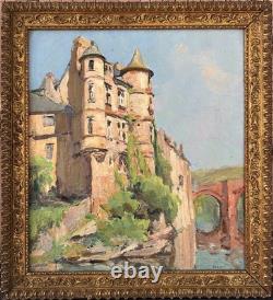 Landscape Castle Lake French Original Antique 1900s Oil Painting Signed Framed