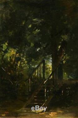 Landscape Under Wood Stairs Oil On Canvas 19th Sign Teo Superb