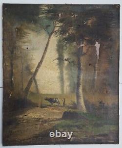 Landscape With Large Cow Trees Ancient Table Signed Sth Under Forest