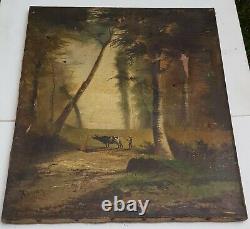 Landscape With Large Cow Trees Ancient Table Signed Sth Under Forest