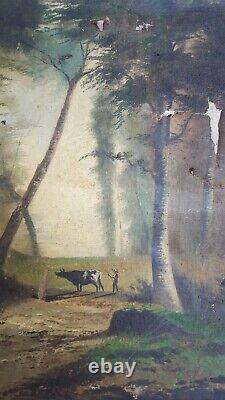 Landscape With Large Cow Trees Ancient Table Signed Sth Under Forest