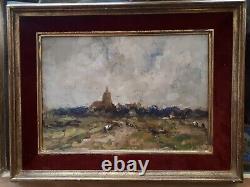 Landscape With Village Clocher Oil Wood Signed Romanticism Barbizon Box Tbe