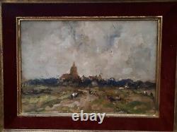 Landscape With Village Clocher Oil Wood Signed Romanticism Barbizon Box Tbe