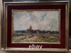 Landscape With Village Clocher Oil Wood Signed Romanticism Barbizon Box Tbe