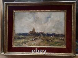 Landscape With Village Clocher Oil Wood Signed Romanticism Barbizon Box Tbe