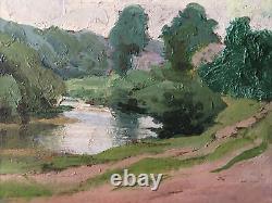 Landscape by the Water Stunning oil on wood, signed