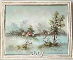 Landscape oil painting on canvas signed E. EATON 40x50 cm under glass wooden frame