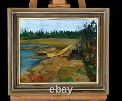 Landscape with Boat, Oil on Wood, Unsigned, with Frame, Original Painting