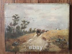 Landscape with Cart Oil Painting on Wood, Signed