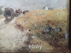 Landscape with Cart Oil Painting on Wood, Signed