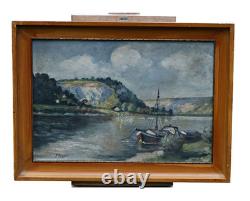 Landscape with Lake and Boats, Oil on Wooden Panel, Signed, with Frame
