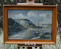 Landscape with Lake and Boats, Oil on Wooden Panel, Signed, with Frame