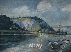 Landscape with Lake and Boats, Oil on Wooden Panel, Signed, with Frame