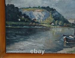 Landscape with Lake and Boats, Oil on Wooden Panel, Signed, with Frame