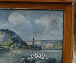 Landscape with Lake and Boats, Oil on Wooden Panel, Signed, with Frame