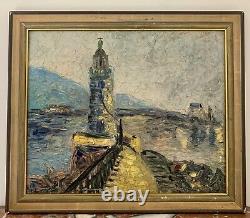 Large OIL ON WOOD painting depicting the view of a lighthouse on the pier