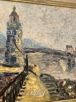 Large OIL ON WOOD painting depicting the view of a lighthouse on the pier