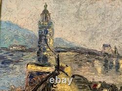 Large OIL ON WOOD painting depicting the view of a lighthouse on the pier