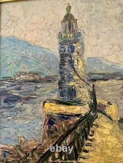 Large OIL ON WOOD painting depicting the view of a lighthouse on the pier