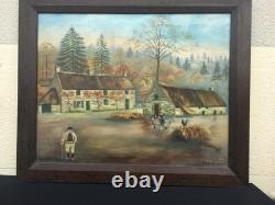 Large Oil on Canvas Farmyard Scene Signed F. Le Leuxhe in Wooden Frame