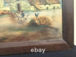 Large Oil on Canvas Farmyard Scene Signed F. Le Leuxhe in Wooden Frame