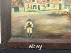 Large Oil on Canvas Farmyard Scene Signed F. Le Leuxhe in Wooden Frame
