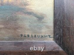 Large Oil on Canvas Farmyard Scene Signed F. Le Leuxhe in Wooden Frame