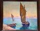 Large Old Oil Painting On Wood Seaside Boats Roux-abougit