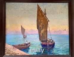Large Old Oil Painting on Wood Seaside Boats ROUX-ABOUGIT