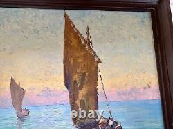 Large Old Oil Painting on Wood Seaside Boats ROUX-ABOUGIT