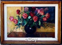 Large Painting 1938 Maurice F Perrot Flowers Verneuil Seine-et-oise Roses Bouquet
