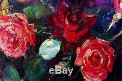 Large Painting 1938 Maurice F Perrot Flowers Verneuil Seine-et-oise Roses Bouquet