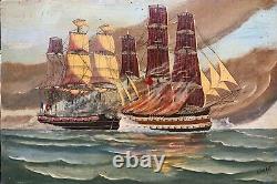 Large Painting Painter Oil On Wood A. Dollet Naval Battle 79 X 53 CM