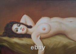 Large nude oil on canvas and wooden frame / 20th century