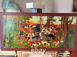 Large painted carved wood tableau, hunt scene with hounds, signed, 130 x 70